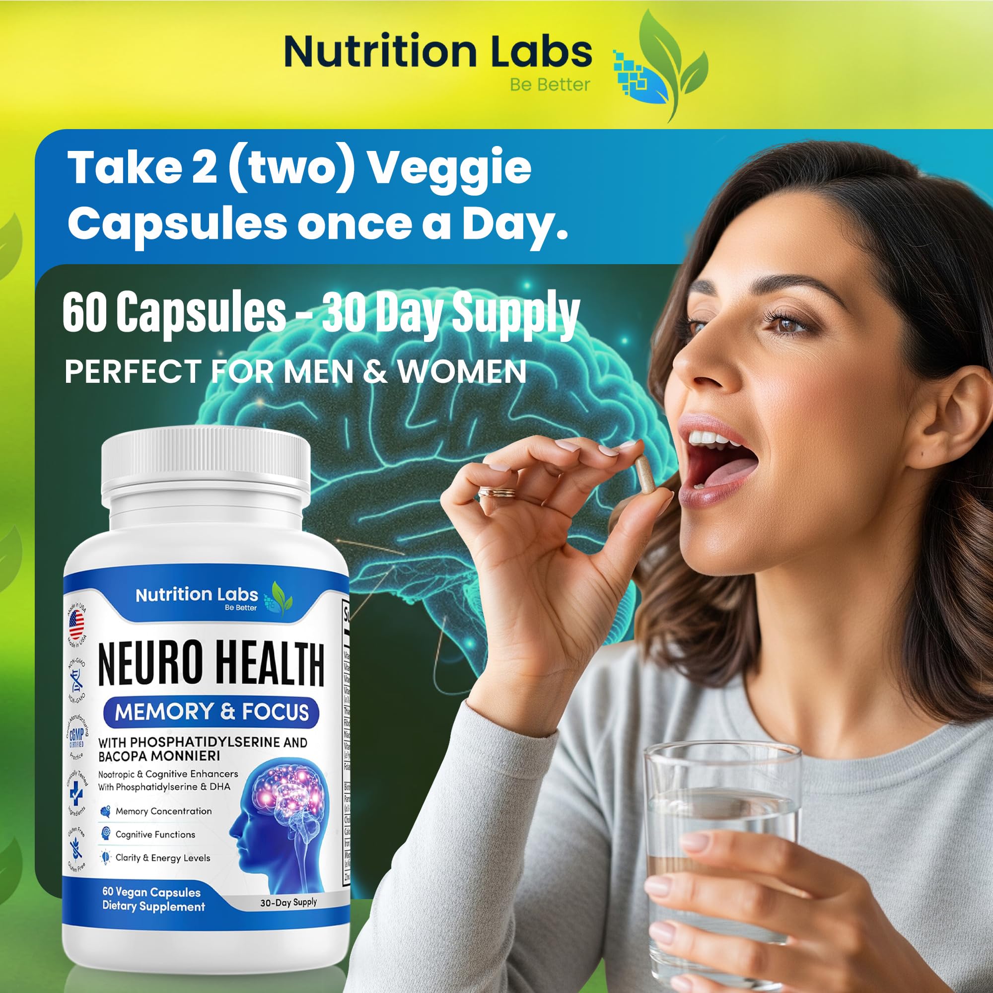 Nootropic & Neuro Brain Supplement for Memory & Focus Support. Clinically Tested Vitamins for Mental Support & Cognitive Clarity W/Bacopa Monnieri, VIT A, B6, Riboflavin, Niacin, Thiamin & Folate - TrustMedUSA