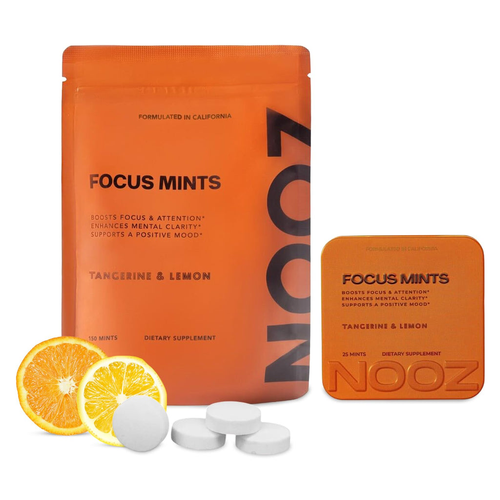 NOOZ Focus Mints Refill Bag - Caffeine-Free Brain Booster for Mental Clarity-Tangerine & Lemon Flavor | Sugar-Free, Travel-Friendly Supplement with Vitamin C, B6, B12 - Non-GMO, Clean Label, 150 Mints - TrustMedUSA