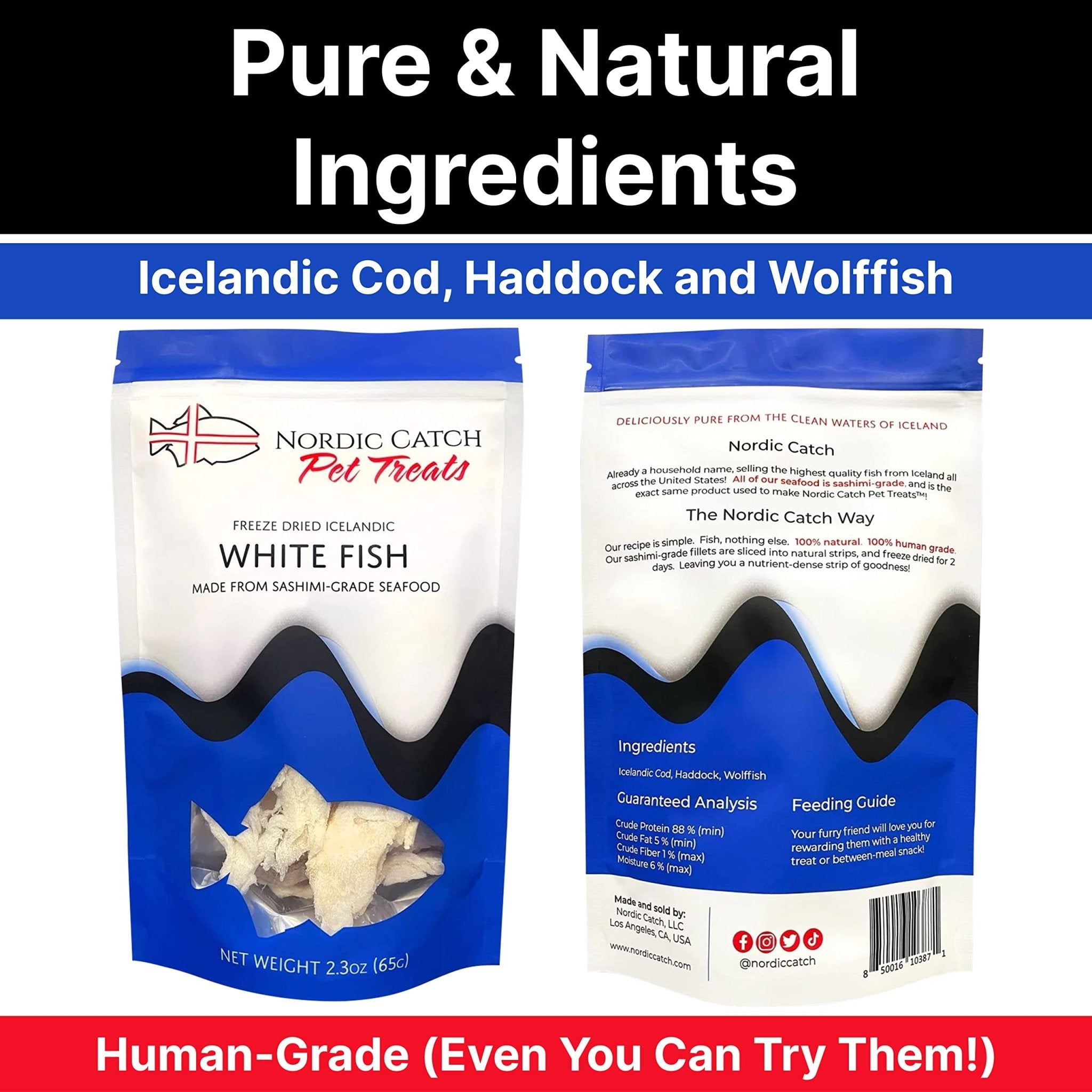 Nordic Catch Freeze Dried Fish Pet Treats from Iceland - Pure, All Natural Seafood Snacks for Dogs, Cats and Other Pets - Human Safe Ingredients, Made from Sashimi Grade Seafood - White Fish - TrustMedUSA
