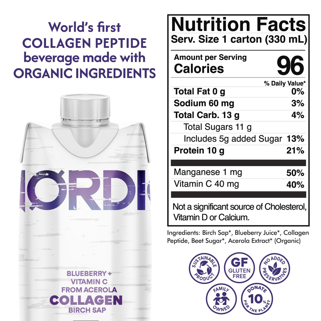 Nordic Liquid Collagen Peptide Drink, Organic Birch Sap, Wild blueberry + Vitamin C, Made in Finland - 10g Clinically Studied Grass Fed Collagen Peptides for Skin Hair Nails & Joint Support, with Silica, BPA-Free Beverage (12 Pack) - TrustMedUSA