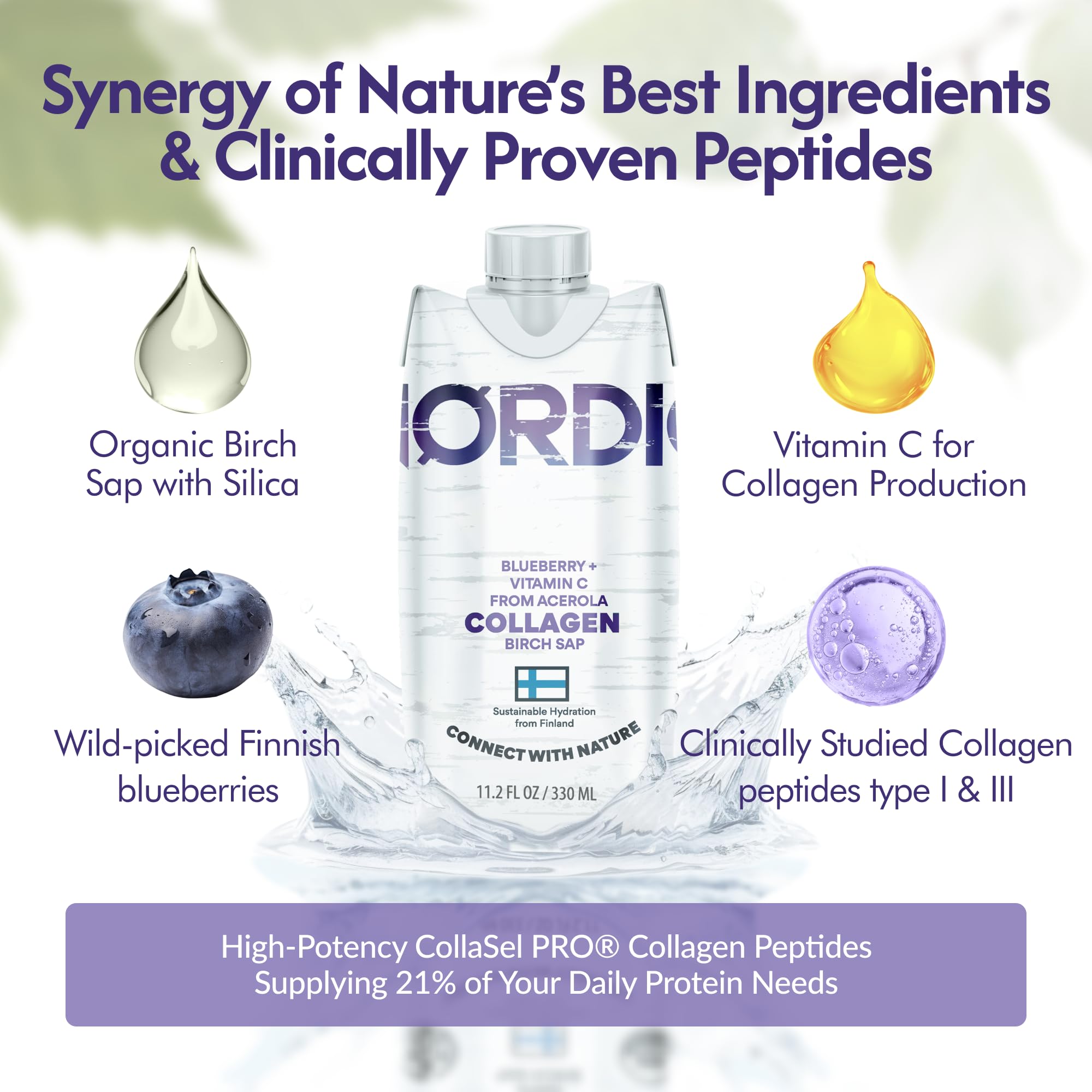 Nordic Liquid Collagen Peptide Drink, Organic Birch Sap, Wild blueberry + Vitamin C, Made in Finland - 10g Clinically Studied Grass Fed Collagen Peptides for Skin Hair Nails & Joint Support, with Silica, BPA-Free Beverage (12 Pack) - TrustMedUSA