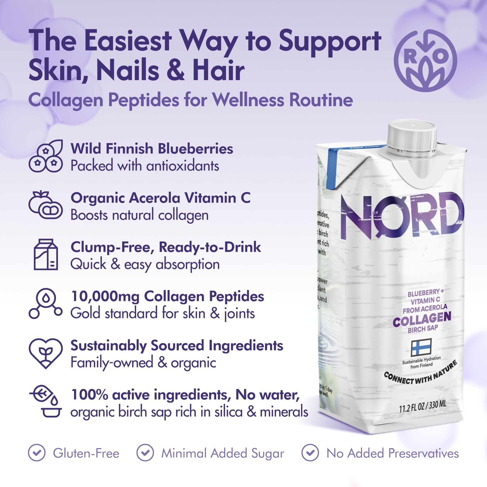 Nordic Liquid Collagen Peptide Drink, Organic Birch Sap, Wild blueberry + Vitamin C, Made in Finland - 10g Clinically Studied Grass Fed Collagen Peptides for Skin Hair Nails & Joint Support, with Silica, BPA-Free Beverage (12 Pack) - TrustMedUSA