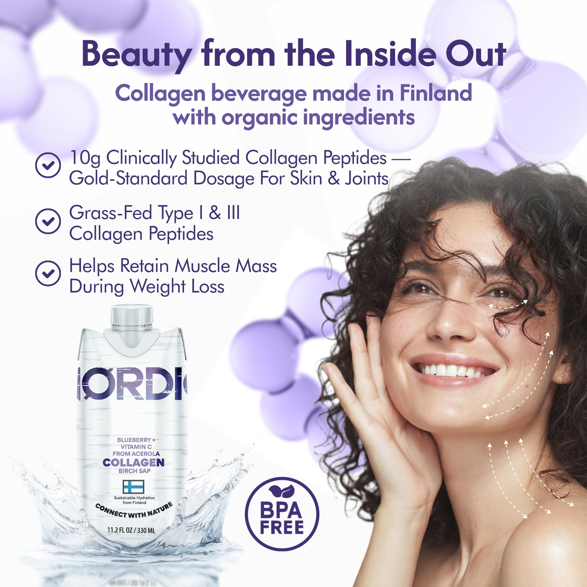Nordic Liquid Collagen Peptide Drink, Organic Birch Sap, Wild blueberry + Vitamin C, Made in Finland - 10g Clinically Studied Grass Fed Collagen Peptides for Skin Hair Nails & Joint Support, with Silica, BPA-Free Beverage (12 Pack) - TrustMedUSA
