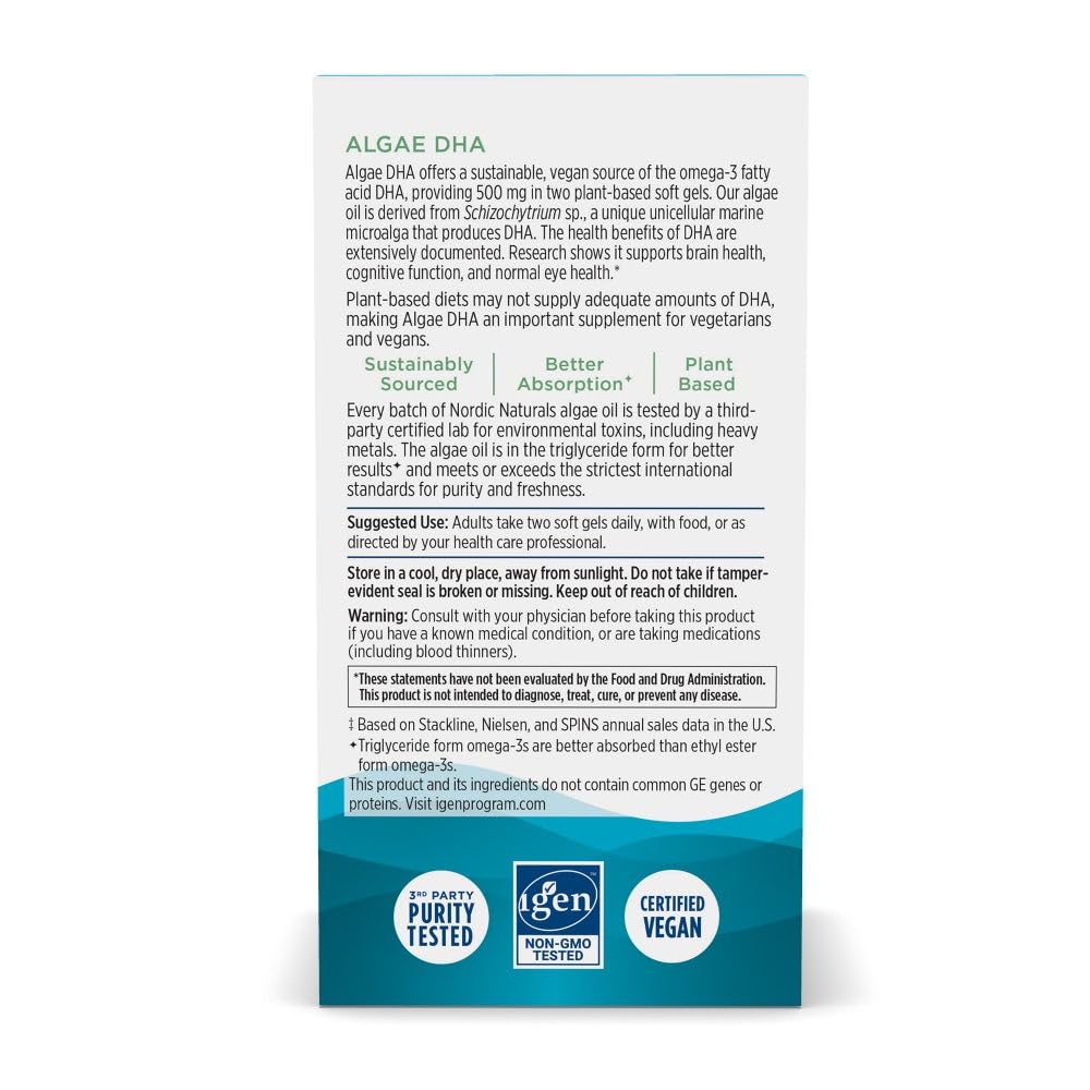 Nordic Naturals Algae DHA - 60 Soft Gels - 500 mg Omega-3 DHA - Certified Vegan Algae Oil - Plant-Based DHA - Brain, Eye & Nervous System Support - Non-GMO - 30 Servings - TrustMedUSA