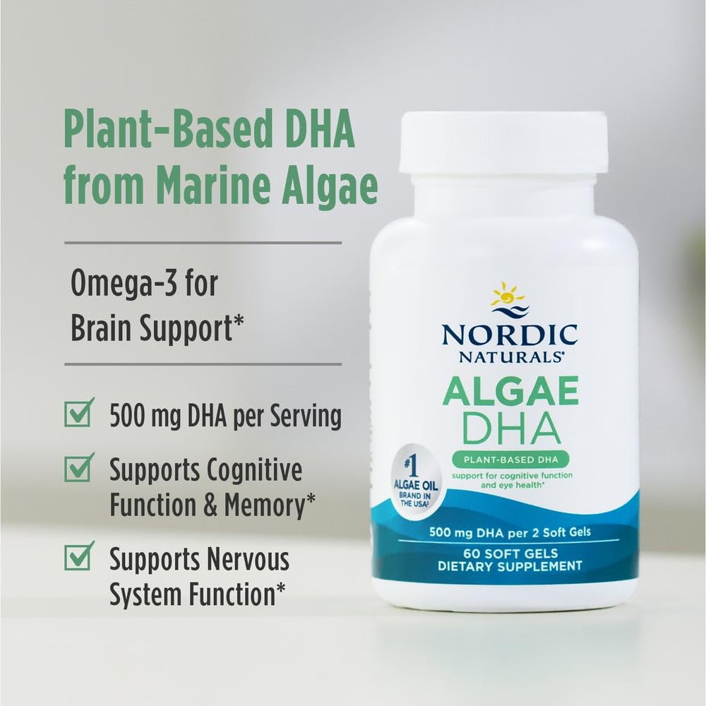 Nordic Naturals Algae DHA - 60 Soft Gels - 500 mg Omega-3 DHA - Certified Vegan Algae Oil - Plant-Based DHA - Brain, Eye & Nervous System Support - Non-GMO - 30 Servings - TrustMedUSA