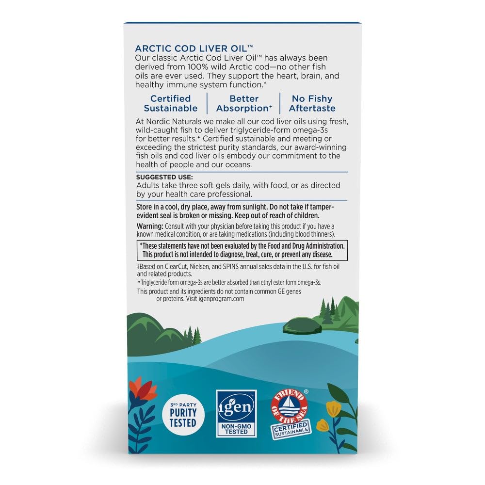 Nordic Naturals Arctic Cod Liver Oil, Lemon - 180 Soft Gels - 750 mg Total Omega-3s with EPA & DHA - Heart & Brain Health, Healthy Immunity - TrustMedUSA