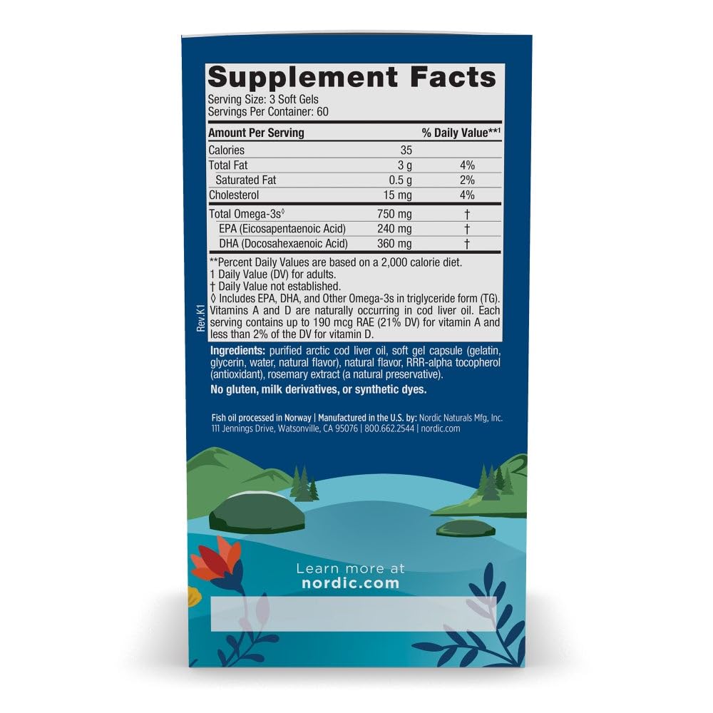 Nordic Naturals Arctic Cod Liver Oil, Lemon - 180 Soft Gels - 750 mg Total Omega-3s with EPA & DHA - Heart & Brain Health, Healthy Immunity - TrustMedUSA