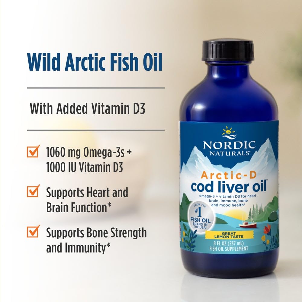 Nordic Naturals Arctic-D Cod Liver Oil, Lemon - 8 oz - 1060 mg Total Omega-3s + 1000 IU Vitamin D3 - EPA & DHA - Heart, Brain, Bone, Immune & Mood Support - Non-GMO - 48 Servings - TrustMedUSA