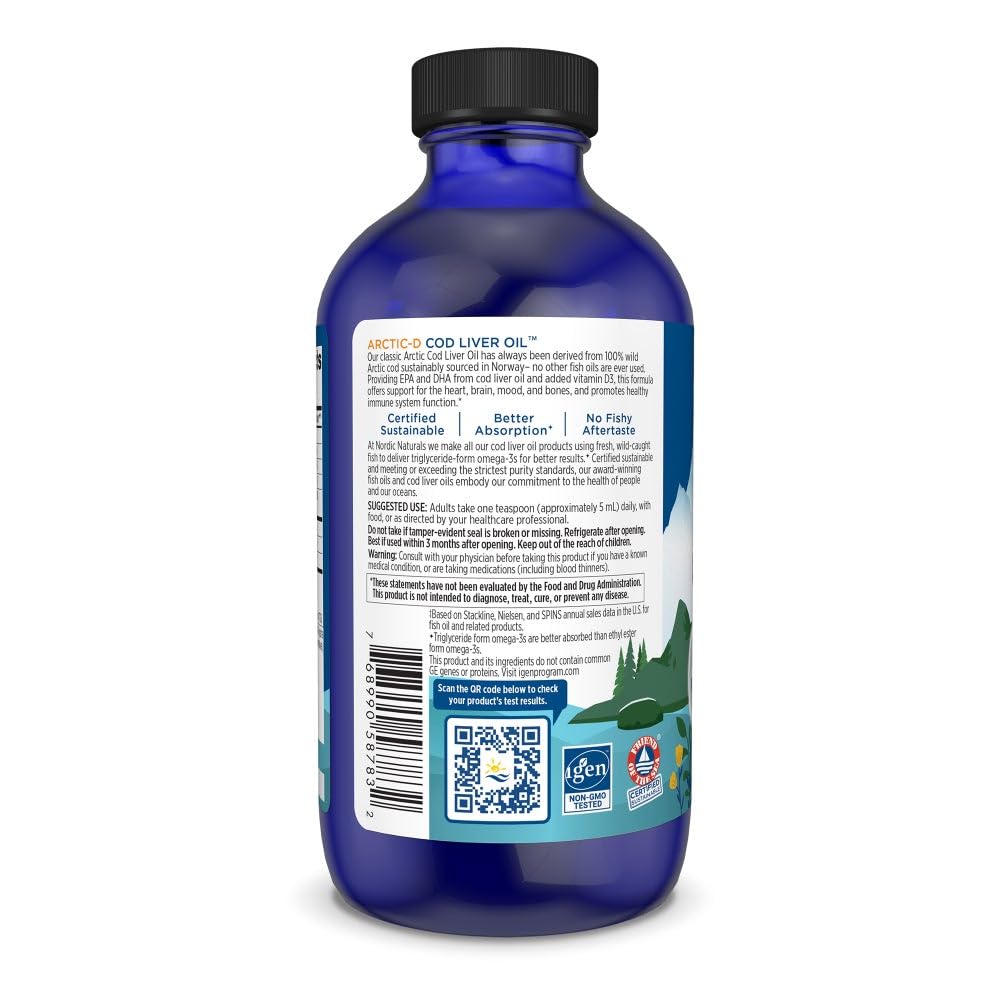 Nordic Naturals Arctic-D Cod Liver Oil, Lemon - 8 oz - 1060 mg Total Omega-3s + 1000 IU Vitamin D3 - EPA & DHA - Heart, Brain, Bone, Immune & Mood Support - Non-GMO - 48 Servings - TrustMedUSA