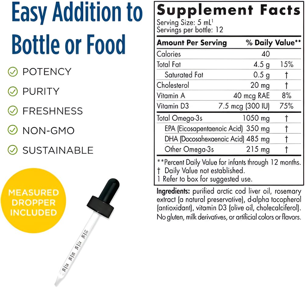 Nordic Naturals Baby’s DHA, Unflavored - 2 oz - 1050 mg Omega-3 + 300 IU Vitamin D3 - Supports Brain, Vision & Nervous System Development in Babies - Non-GMO - Servings May Vary - TrustMedUSA