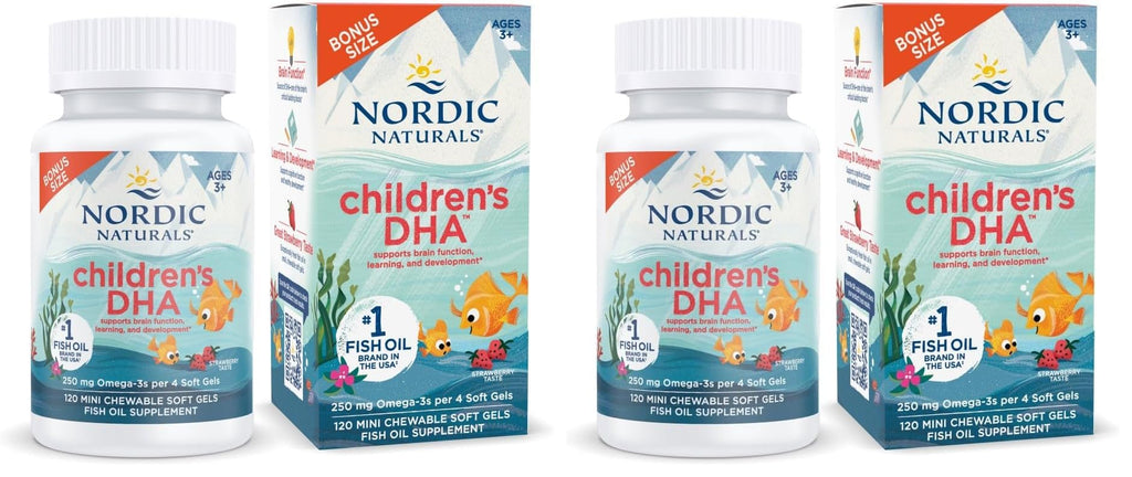 Nordic Naturals Children’s DHA, Strawberry - 120 Mini Chewable Soft Gels for Kids - 250 mg Omega-3 with EPA & DHA - Brain Development & Function - Non-GMO - 30 Servings (Pack of 2) - TrustMedUSA