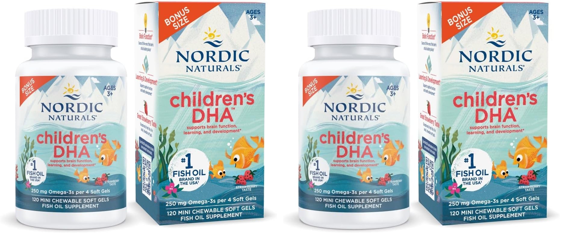 Nordic Naturals Children’s DHA, Strawberry - 120 Mini Chewable Soft Gels for Kids - 250 mg Omega-3 with EPA & DHA - Brain Development & Function - Non-GMO - 30 Servings (Pack of 2) - TrustMedUSA