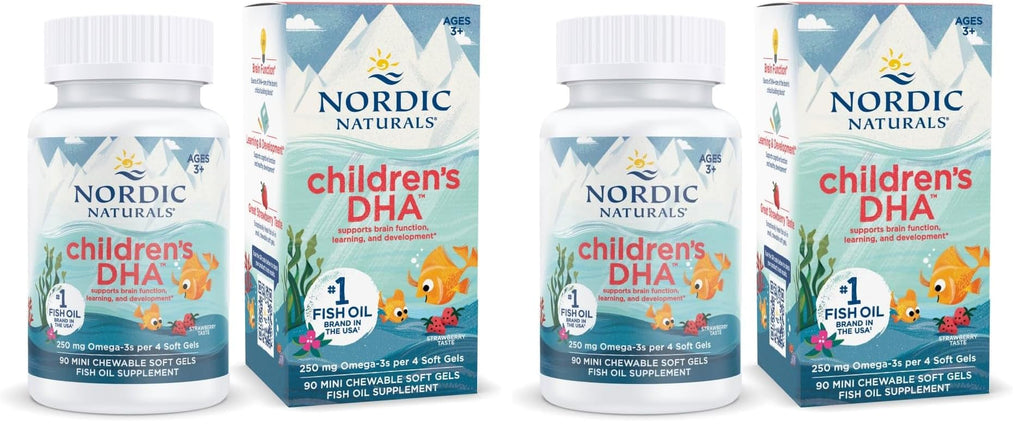 Nordic Naturals Children’s DHA, Strawberry - 90 Mini Chewable Soft Gels for Kids - 250 mg Omega-3 with EPA & DHA - Brain Development & Function - Non-GMO - 22 Servings (Pack of 2) - TrustMedUSA