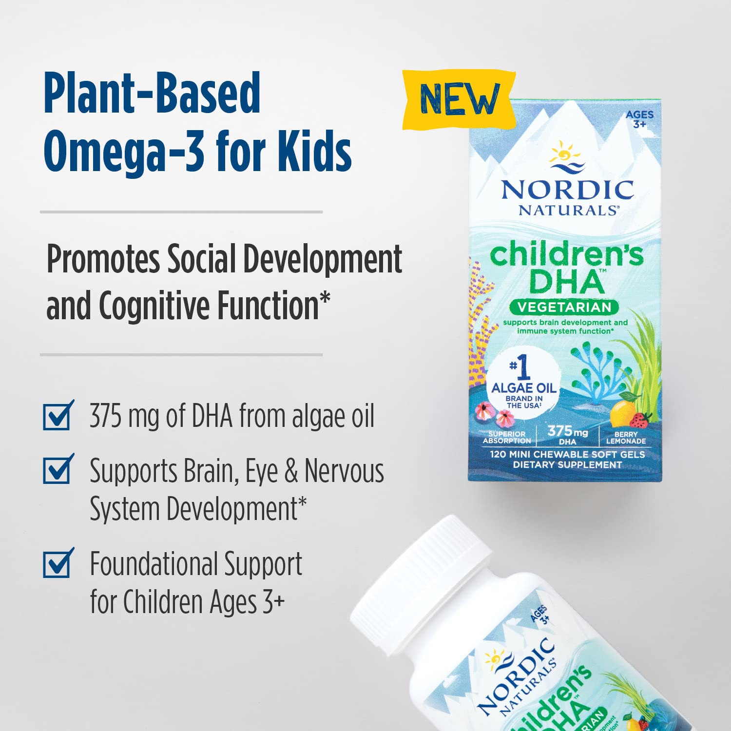 Nordic Naturals Children's DHA Vegetarian - Kids DHA Omega-3 Supplement -Algae Oil - Berry Lemonade Mini Chewables - Plant-Based Formula for Ages 3+ - 120 Soft Gels - 40 Servings - TrustMedUSA