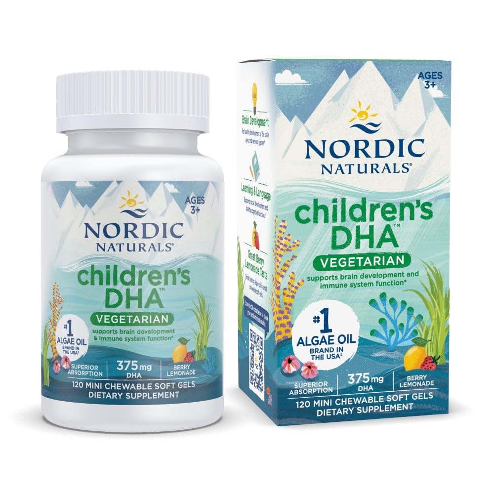 Nordic Naturals Children's DHA Vegetarian - Kids DHA Omega-3 Supplement -Algae Oil - Berry Lemonade Mini Chewables - Plant-Based Formula for Ages 3+ - 120 Soft Gels - 40 Servings - TrustMedUSA