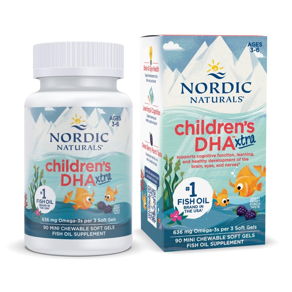 Nordic Naturals Children’s DHA Xtra, Berry Punch - 90 Mini Chewable Soft Gels for Kids - 636 mg Omega-3s EPA & DHA - Cognitive & Immune Function, Learning, Social Development - Non-GMO - 30 Servings - TrustMedUSA