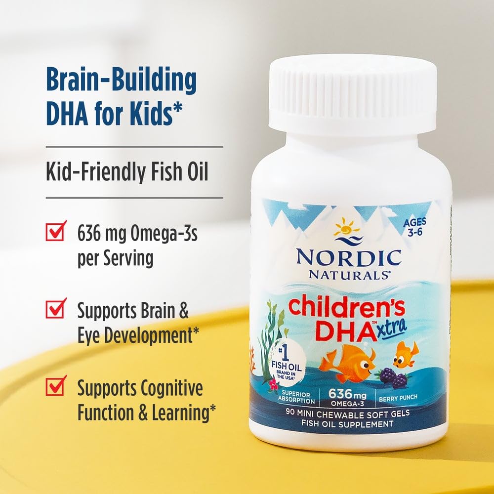 Nordic Naturals Children’s DHA Xtra, Berry Punch - 90 Mini Chewable Soft Gels for Kids - 636 mg Omega-3s EPA & DHA - Cognitive & Immune Function, Learning, Social Development - Non-GMO - 30 Servings - TrustMedUSA