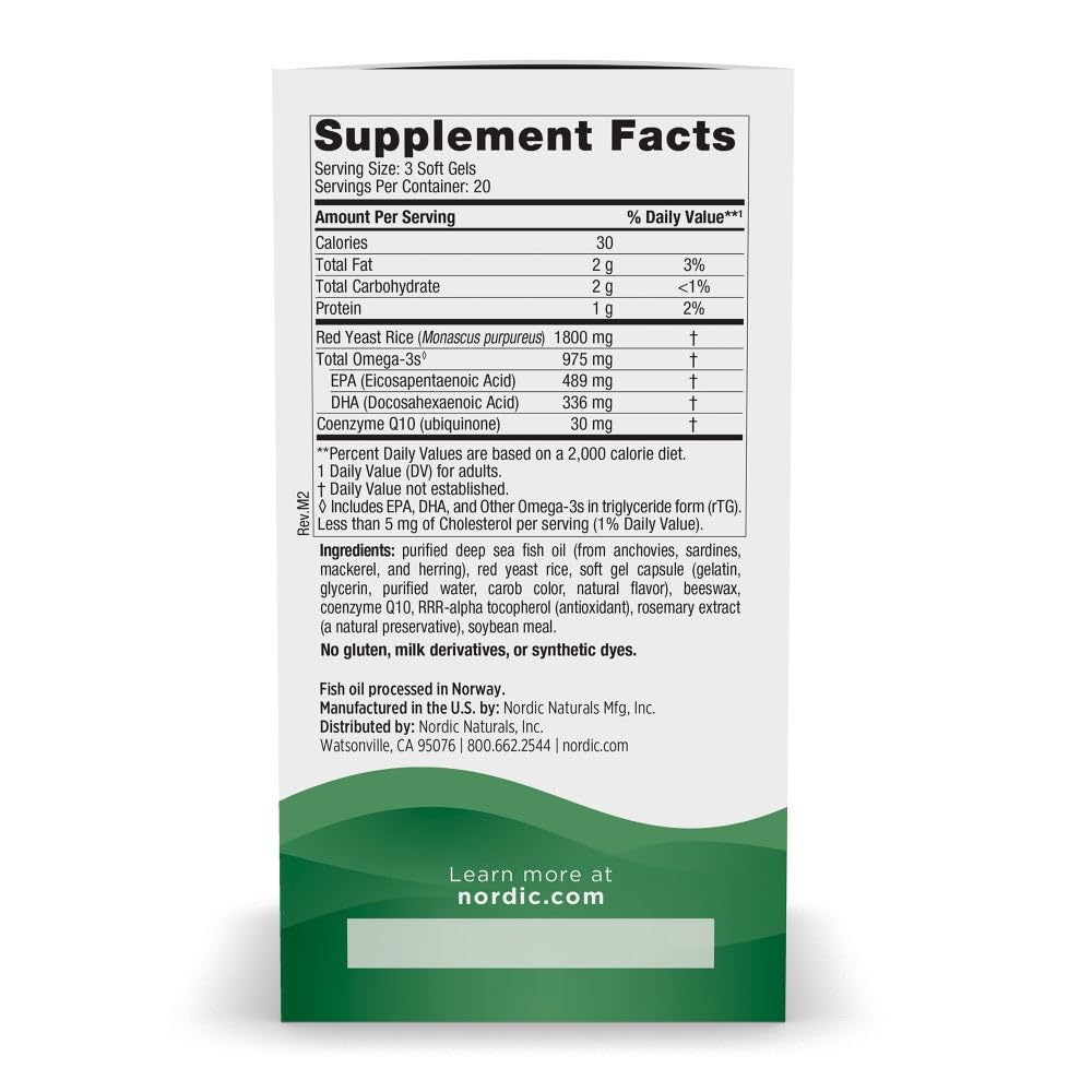 Nordic Naturals Cholesterol Support, Lemon - 60 Soft Gels - 975 Omega-3 + Red Yeast Rice & CoQ10 - Normal Cholesterol, Antioxidant Support - EPA & DHA - Non-GMO - 20 Servings - TrustMedUSA