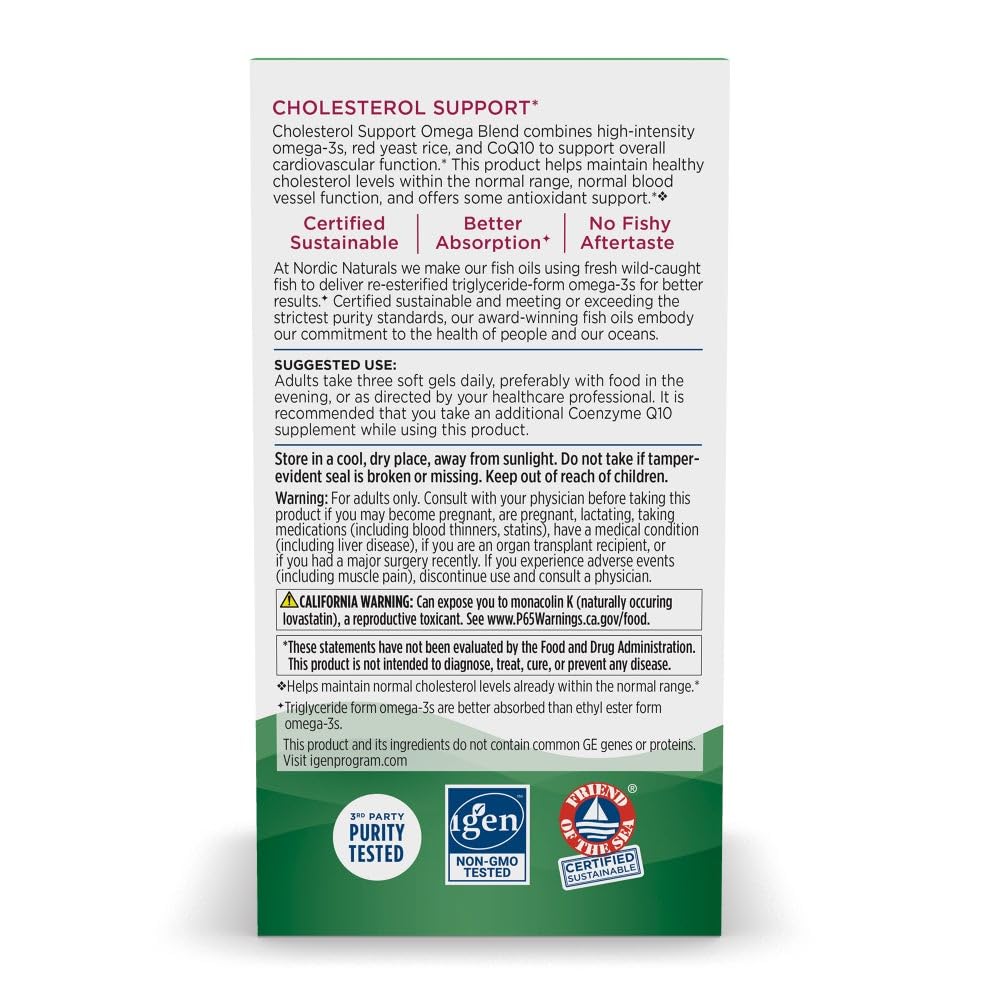 Nordic Naturals Cholesterol Support, Lemon - 60 Soft Gels - 975 Omega-3 + Red Yeast Rice & CoQ10 - Normal Cholesterol, Antioxidant Support - EPA & DHA - Non-GMO - 20 Servings - TrustMedUSA