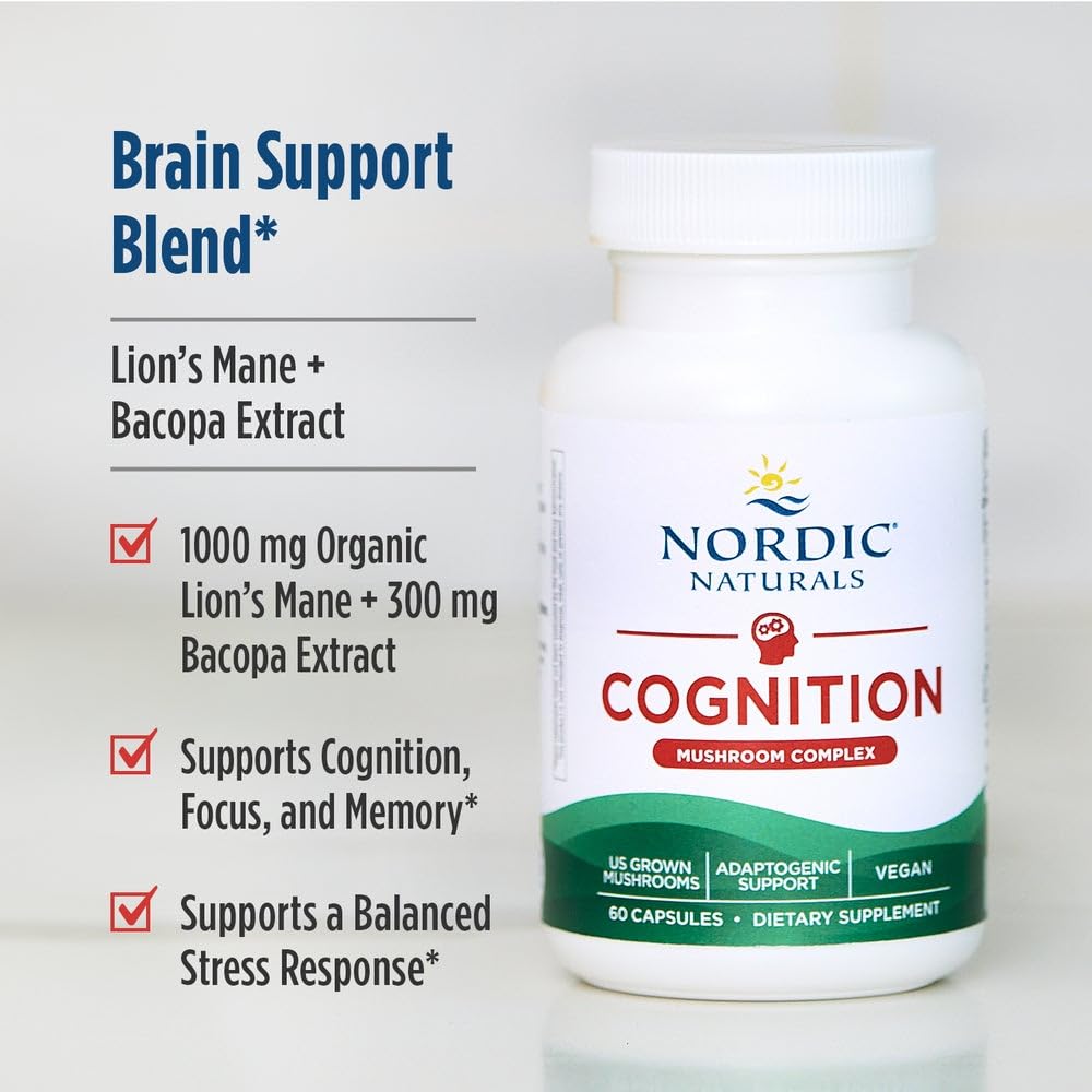 Nordic Naturals Cognition Mushroom Complex, Unflavored - 60 Capsules - Brain, Memory & Mood Support - Blend of Lion’s Mane Mushroom & Bacopa Extract - Non-GMO - Certified Vegan - 30 Servings - TrustMedUSA