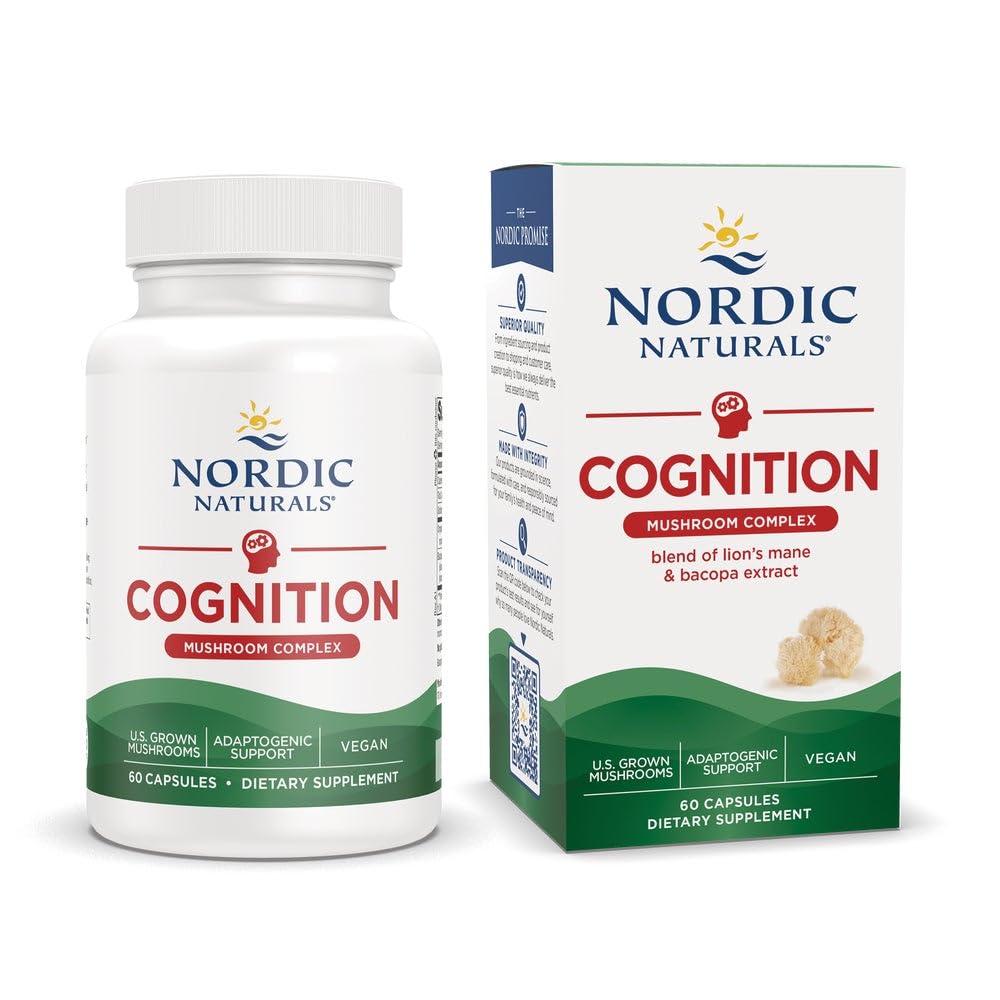 Nordic Naturals Cognition Mushroom Complex, Unflavored - 60 Capsules - Brain, Memory & Mood Support - Blend of Lion’s Mane Mushroom & Bacopa Extract - Non-GMO - Certified Vegan - 30 Servings - TrustMedUSA