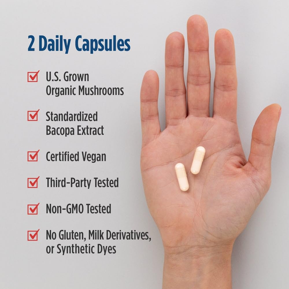 Nordic Naturals Cognition Mushroom Complex, Unflavored - 60 Capsules - Brain, Memory & Mood Support - Blend of Lion’s Mane Mushroom & Bacopa Extract - Non-GMO - Certified Vegan - 30 Servings - TrustMedUSA