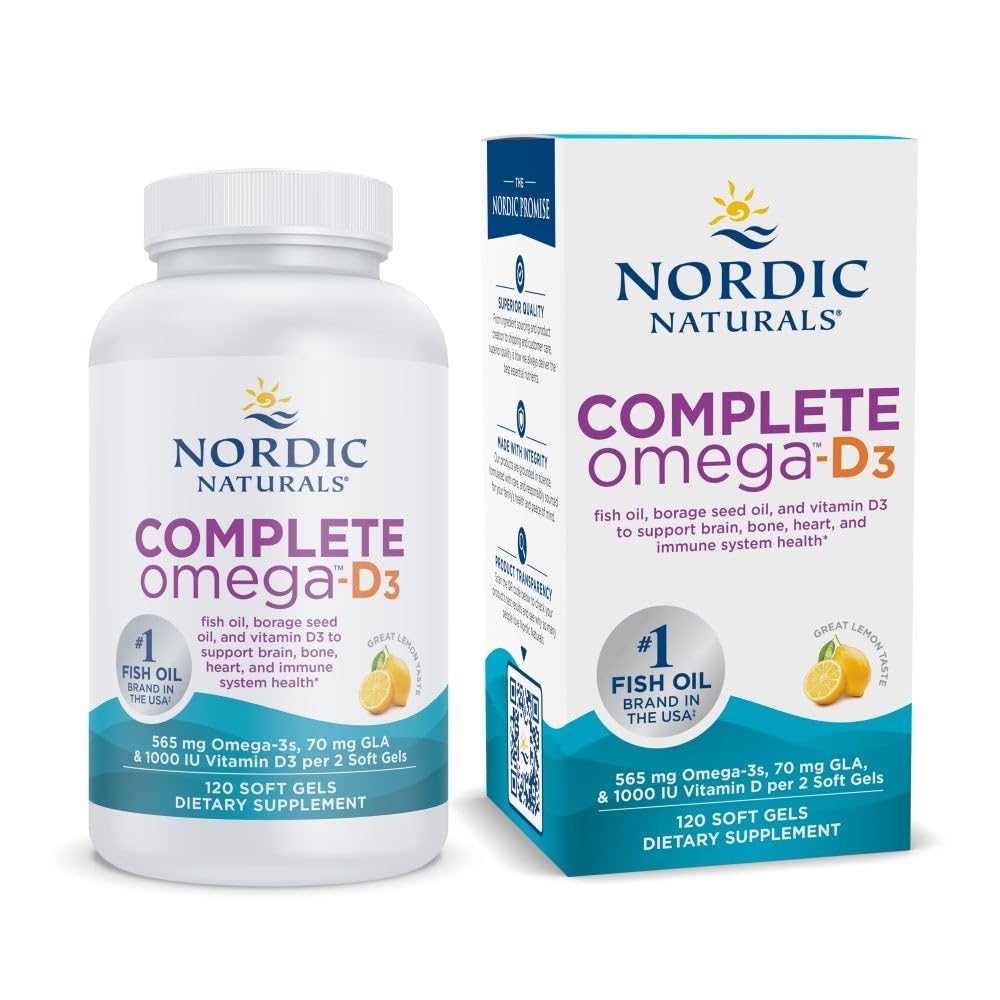 Nordic Naturals Complete Omega-D3, Lemon Flavor - 120 Soft Gels - 565 mg Omega-3 + 70 mg GLA + 1000 IU Vitamin D3 - EPA & DHA - Healthy Skin, Cognition, Positive Mood - Non-GMO - 60 Servings - TrustMedUSA