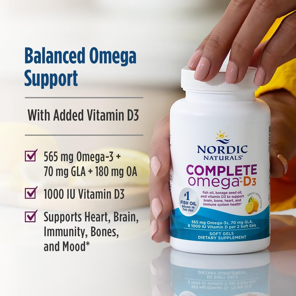 Nordic Naturals Complete Omega-D3, Lemon Flavor - 120 Soft Gels - 565 mg Omega-3 + 70 mg GLA + 1000 IU Vitamin D3 - EPA & DHA - Healthy Skin, Cognition, Positive Mood - Non-GMO - 60 Servings - TrustMedUSA