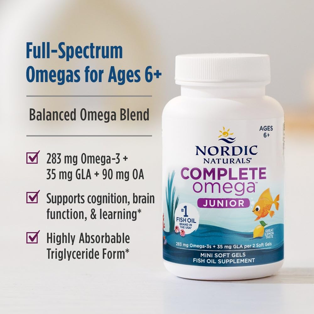 Nordic Naturals Complete Omega Jr., Lemon - 180 Mini Soft Gels - 283 mg Total Omega-3s & 35 mg GLA - Healthy Cognition, Nervous System Function - Non-GMO - 90 Servings - TrustMedUSA