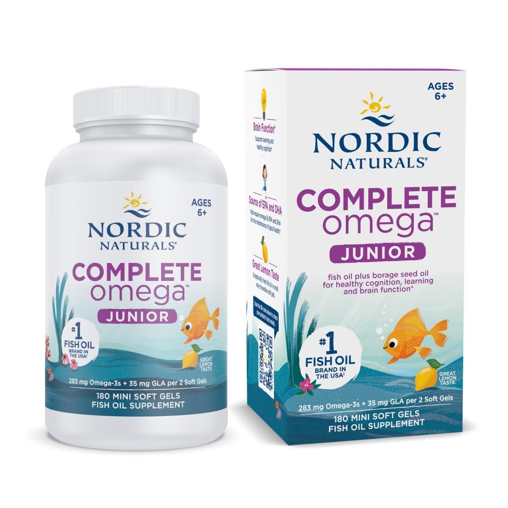 Nordic Naturals Complete Omega Jr., Lemon - 180 Mini Soft Gels - 283 mg Total Omega-3s & 35 mg GLA - Healthy Cognition, Nervous System Function - Non-GMO - 90 Servings - TrustMedUSA