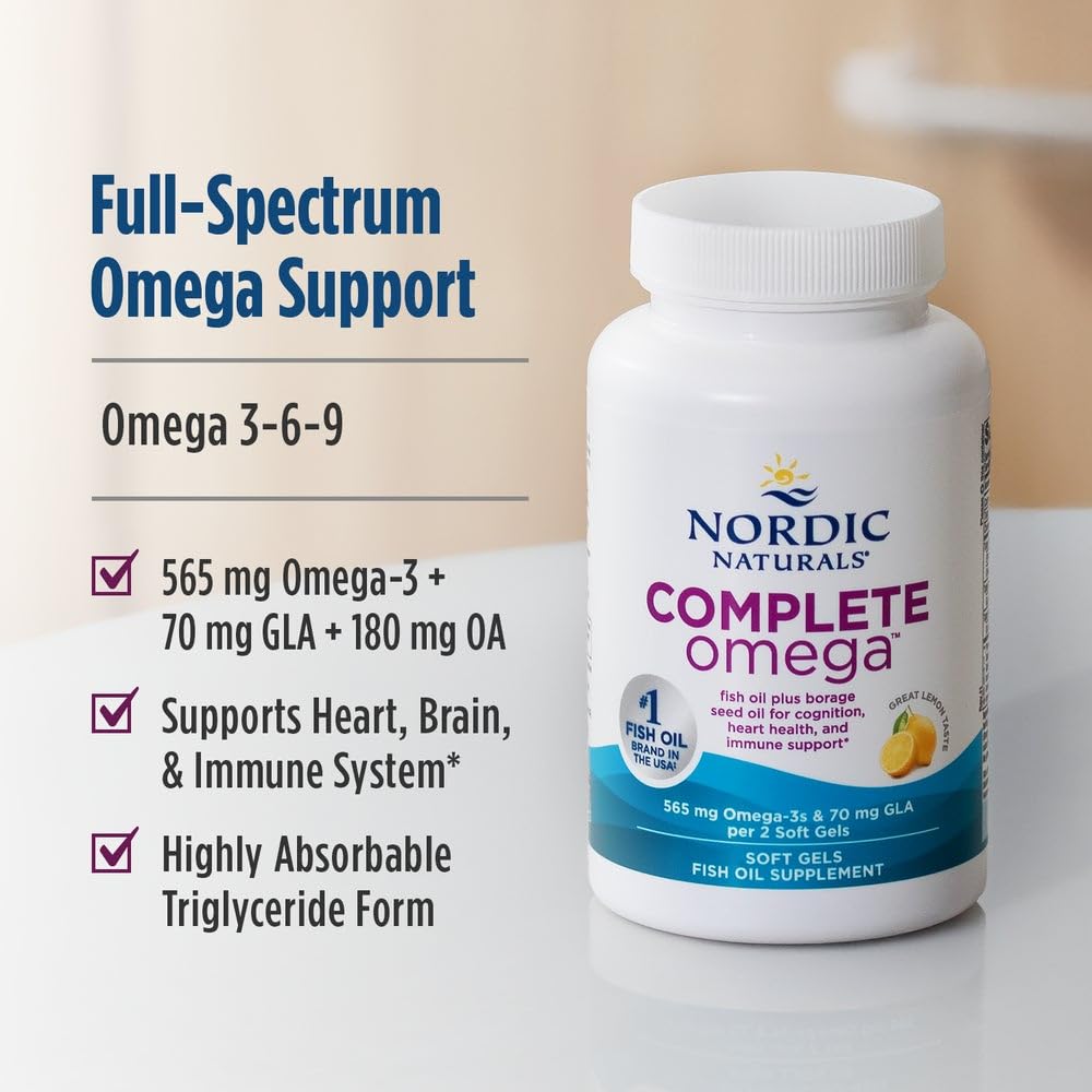 Nordic Naturals Complete Omega, Lemon Flavor - 120 Soft Gels - 565 mg Omega-3 - EPA & DHA with Added GLA - Healthy Skin, Cognition, Positive Mood - Non-GMO - 60 Servings - TrustMedUSA