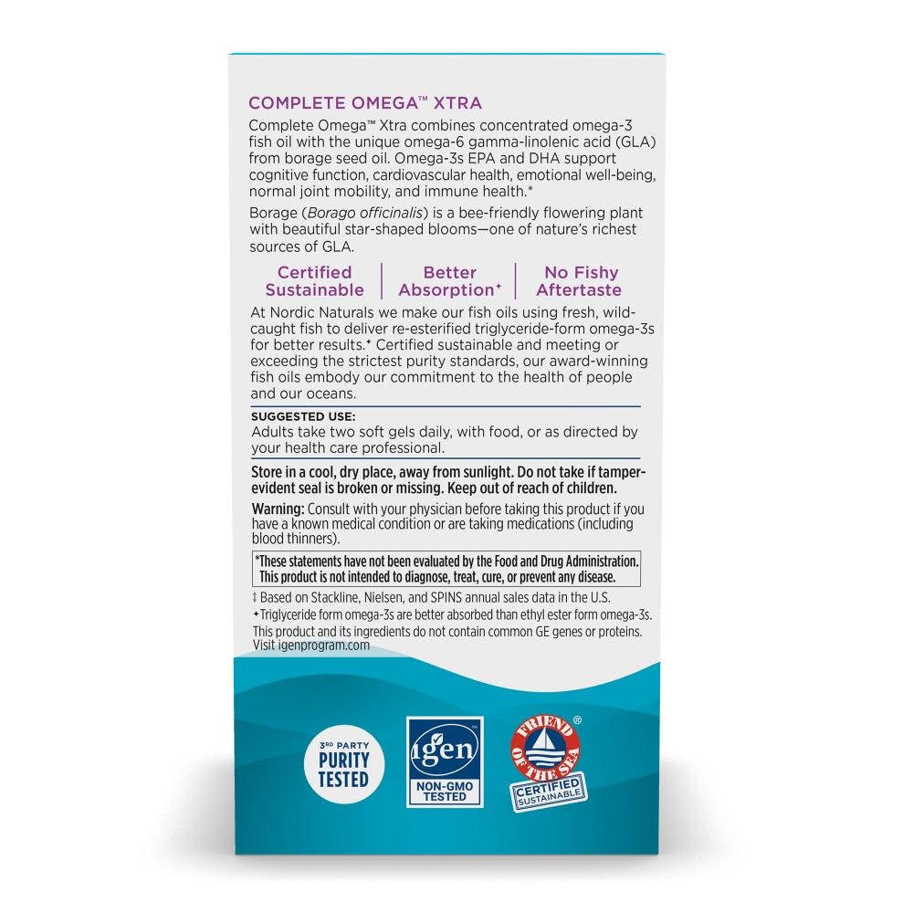 Nordic Naturals Complete Omega Xtra, Lemon - 60 Soft Gels - 1360 mg Omega-3 + 76 mg GLA - Healthy Skin - Cognition - Non-GMO - 30 Servings - TrustMedUSA