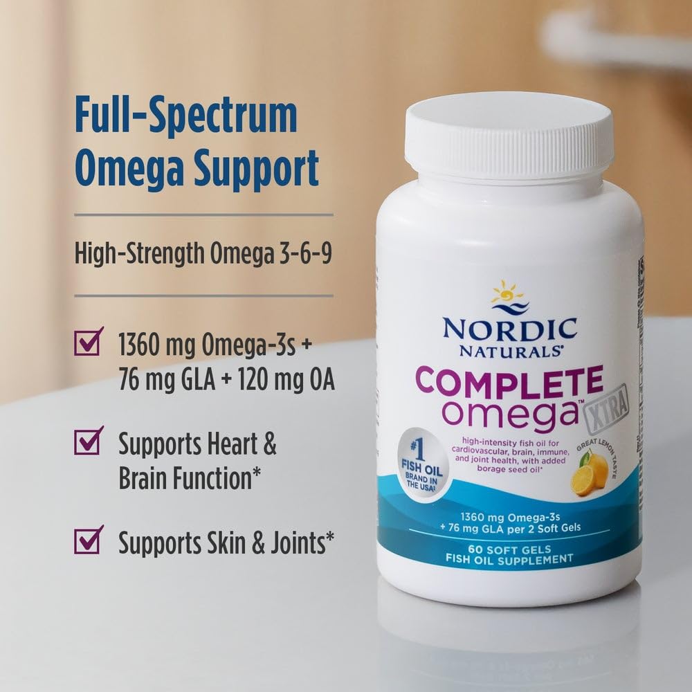 Nordic Naturals Complete Omega Xtra, Lemon - 60 Soft Gels - 1360 mg Omega-3 + 76 mg GLA - Healthy Skin - Cognition - Non-GMO - 30 Servings - TrustMedUSA