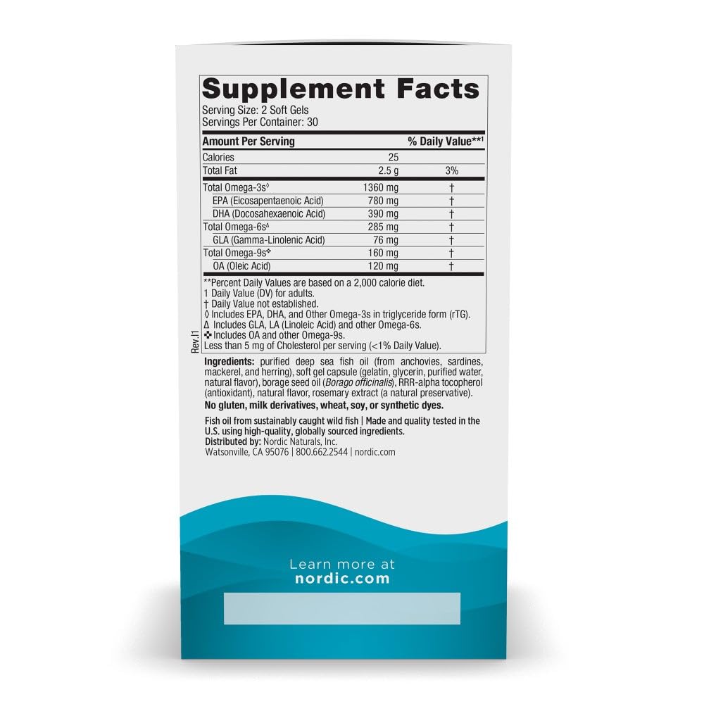 Nordic Naturals Complete Omega Xtra, Lemon - 60 Soft Gels - 1360 mg Omega-3 + 76 mg GLA - Healthy Skin - Cognition - Non-GMO - 30 Servings - TrustMedUSA