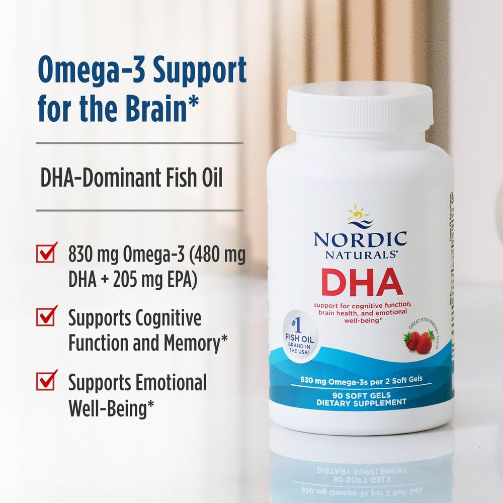 Nordic Naturals DHA, Strawberry - 90 Soft Gels - 830 mg Omega-3 - High-Intensity DHA Formula for Brain & Nervous System Support - Non-GMO - 45 Servings - TrustMedUSA