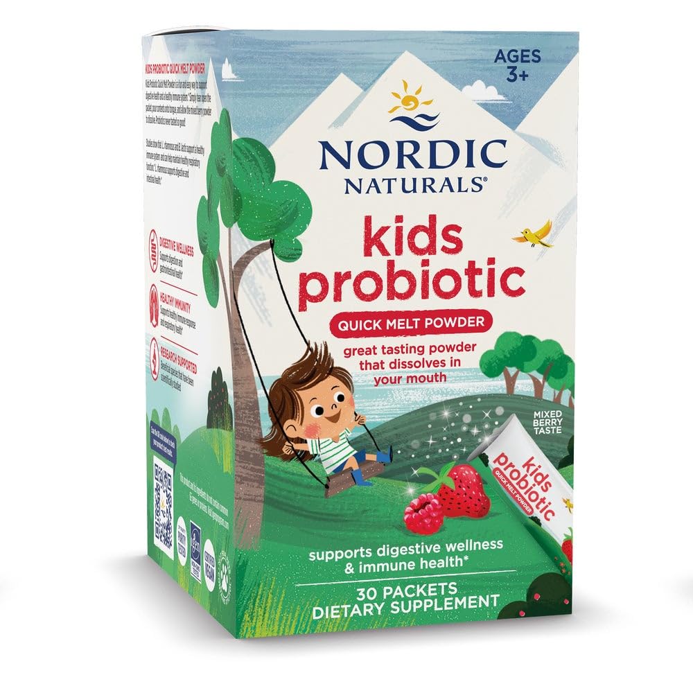 Nordic Naturals Kids Probiotic Quick Melt Powder, Mixed Berry - 30 Packets - 3 Billion CFU - Digestive Wellness, Immune Support - Non-GMO, Vegan - 30 Servings - TrustMedUSA
