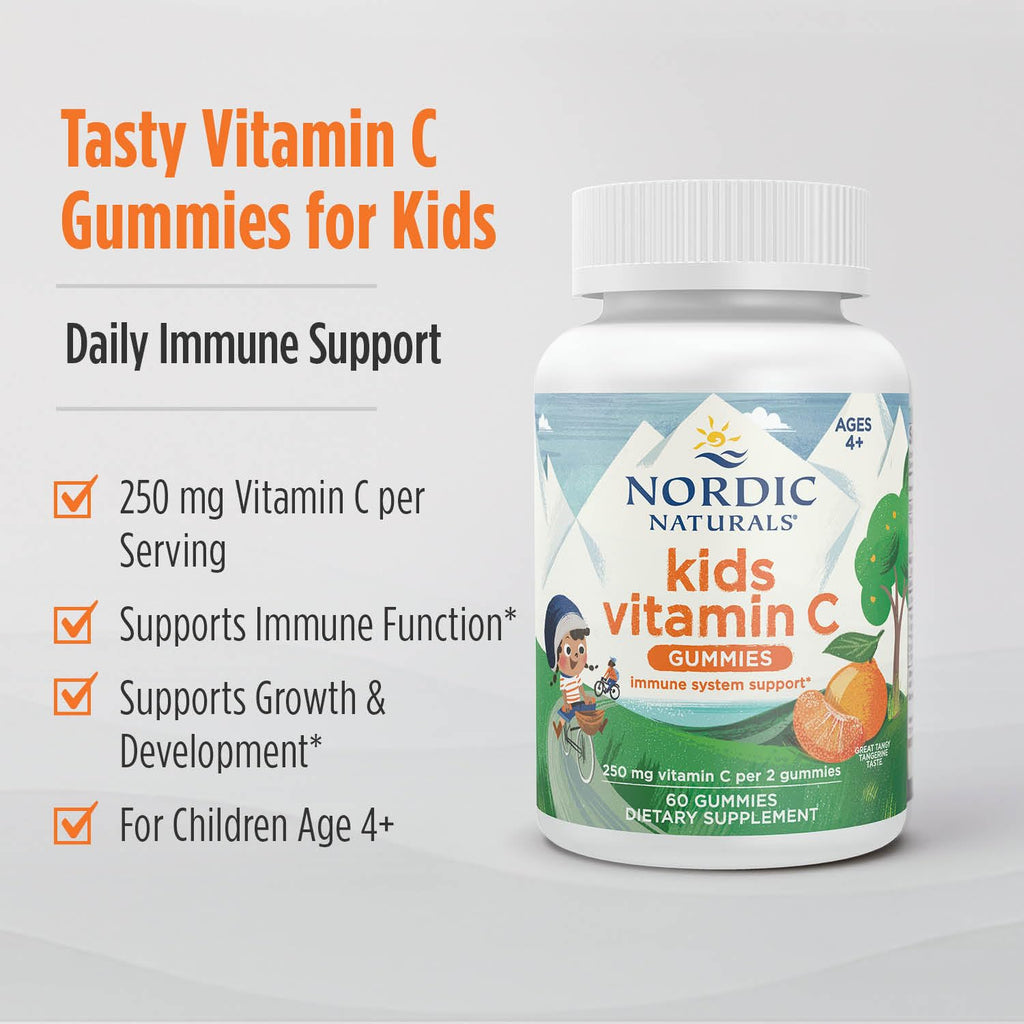 Nordic Naturals Kids Vitamin C Gummies - Tangy Tangerine - 60 Gummies - Vegan Vitamin C Supplement - Children’s Immunity and Antioxidant Support - 250 mg per Serving - 30 Servings - TrustMedUSA