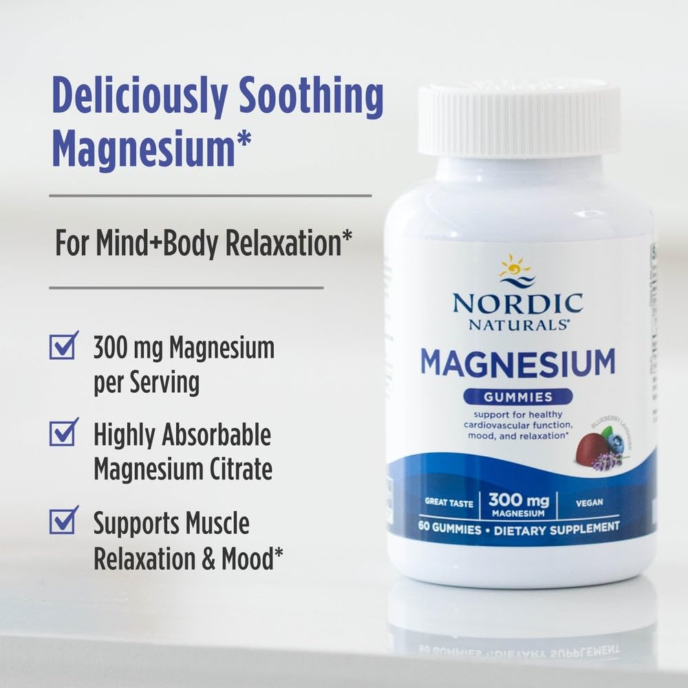 Nordic Naturals Magnesium Gummies for Adults, Blueberry Lavender Flavor - 60 Gummies - Vegan Magnesium Supplement for Mind, Mood, and Cardiovascular Support - Non-GMO - 20 Servings - TrustMedUSA