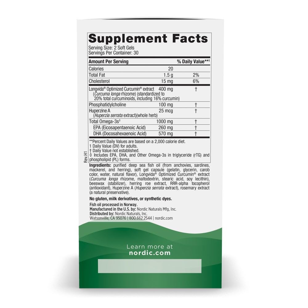 Nordic Naturals Memory Support with Curcumin - 60 Soft Gels - 1000 mg Omega-3 + 400 mg Optimized Curcumin - Memory, Cognition - Contains Phosphatidylcholine & Huperzine A - Non-GMO - 30 Servings - TrustMedUSA