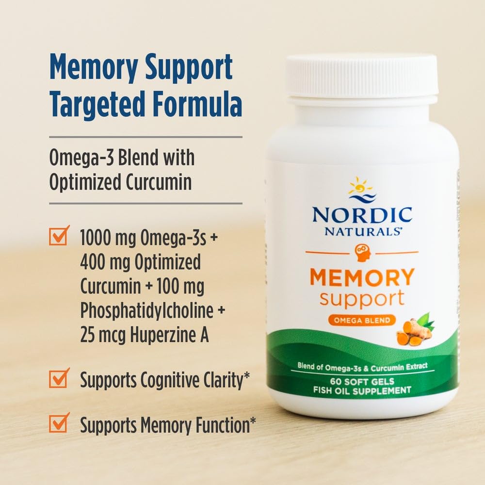 Nordic Naturals Memory Support with Curcumin - 60 Soft Gels - 1000 mg Omega-3 + 400 mg Optimized Curcumin - Memory, Cognition - Contains Phosphatidylcholine & Huperzine A - Non-GMO - 30 Servings - TrustMedUSA