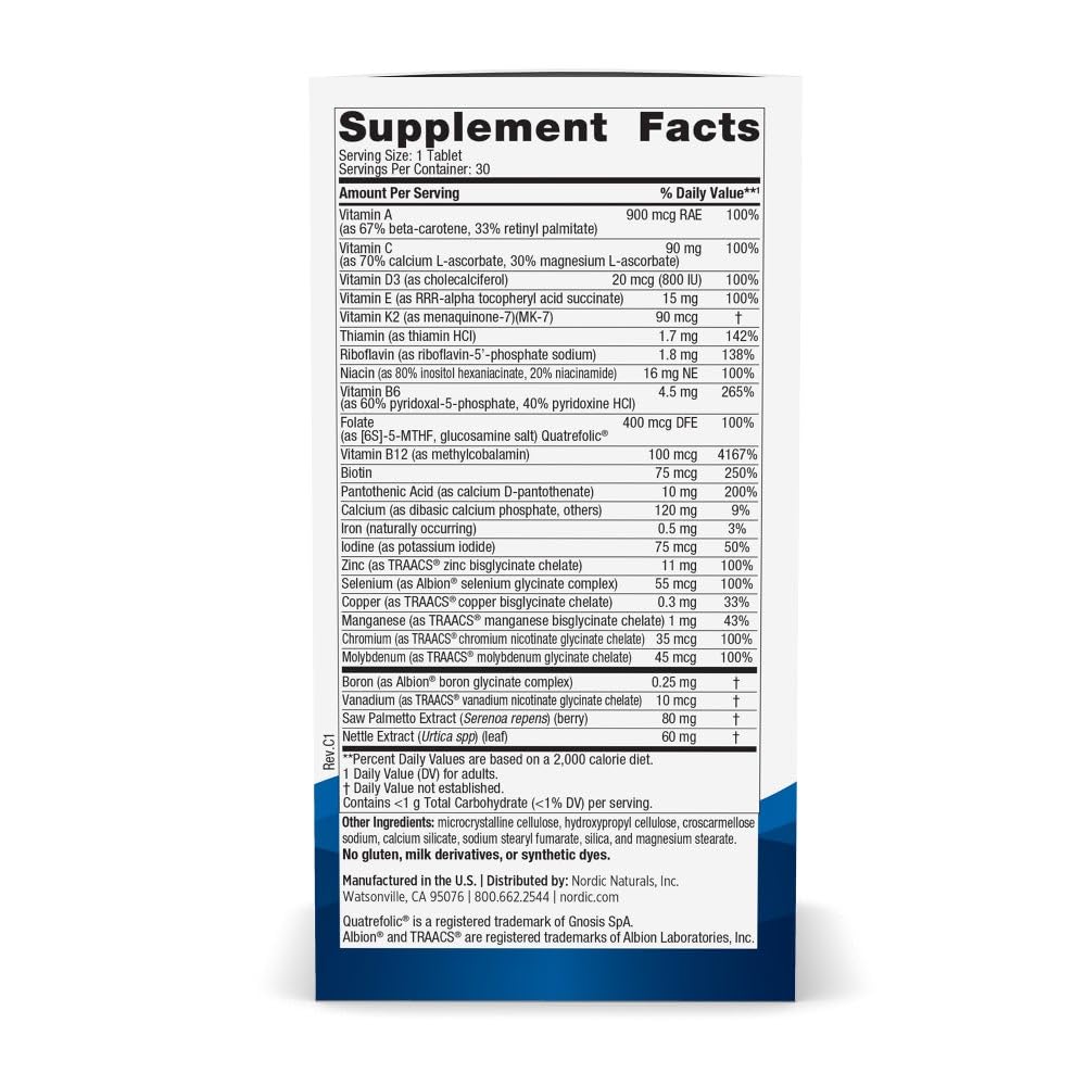 Nordic Naturals Men’s Multivitamin One Daily - Bone, Energy, & Blood-Vessel Support - Immunity Supplement - 20 Essential Nutrients - 30 Tablets - 30 Servings - TrustMedUSA