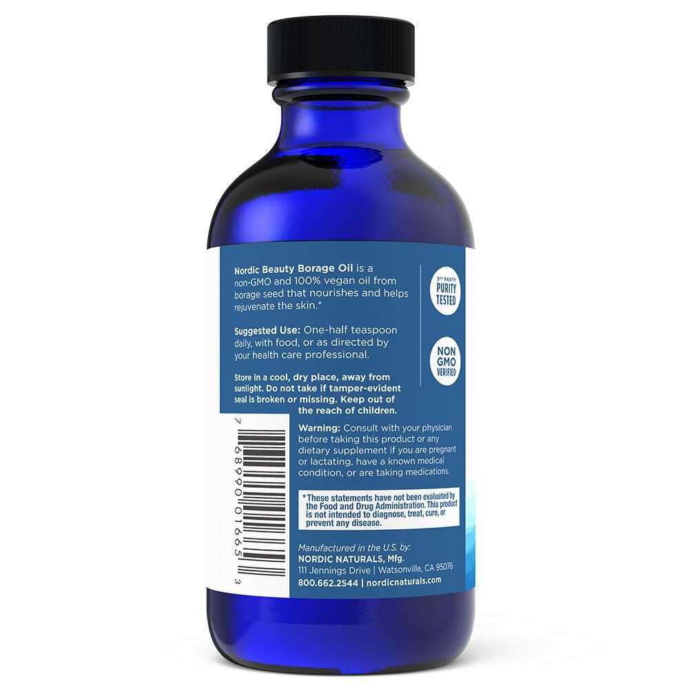 Nordic Naturals Nordic Beauty Borage Oil, Unflavored - 4 Ounces - Borage Seed Oil, Unique Omega-6 for Healthy and Hydrated Skin, 480 Milligrams of GLA - Non-GMO - Vegan, 48 Servings - TrustMedUSA
