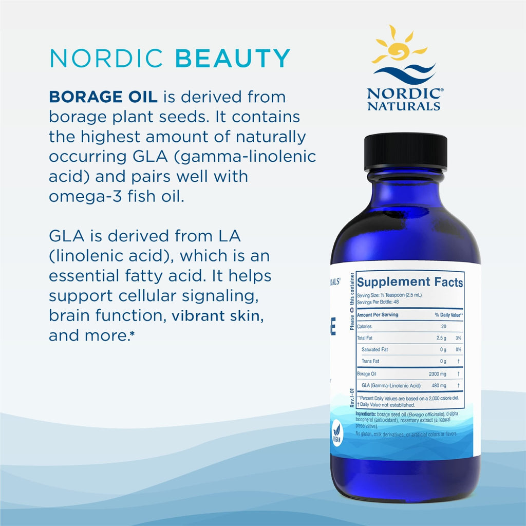 Nordic Naturals Nordic Beauty Borage Oil, Unflavored - 4 Ounces - Borage Seed Oil, Unique Omega-6 for Healthy and Hydrated Skin, 480 Milligrams of GLA - Non-GMO - Vegan, 48 Servings - TrustMedUSA