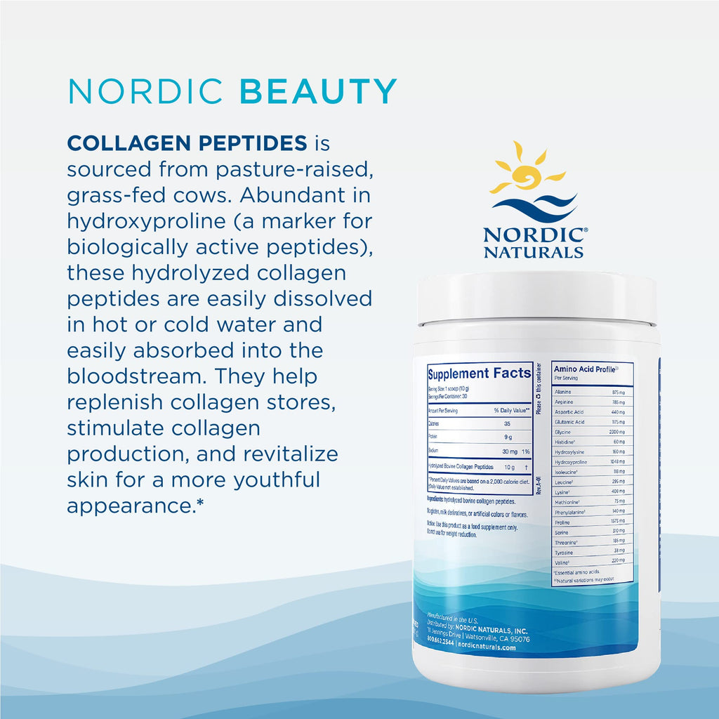 Nordic Naturals Nordic Beauty Collagen Peptides, Unflavored - 10.6 Ounces - Collagen Supplement for Skin Health and Elasticity - for Hot and Cold Beverages - 30 Servings - Maple Wellness Supplements