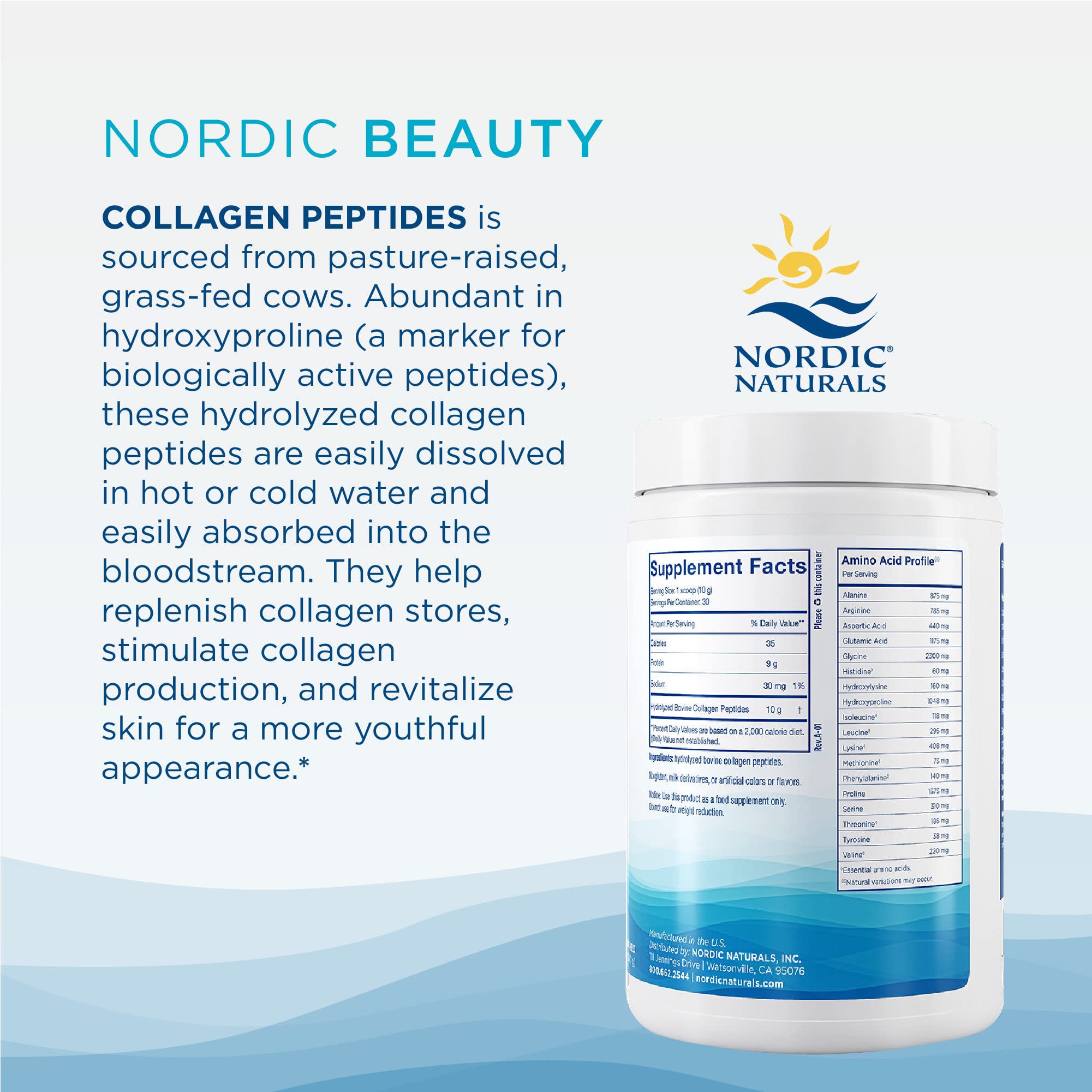 Nordic Naturals Nordic Beauty Collagen Peptides, Unflavored - 10.6 Ounces - Collagen Supplement for Skin Health and Elasticity - for Hot and Cold Beverages - 30 Servings - Maple Wellness Supplements