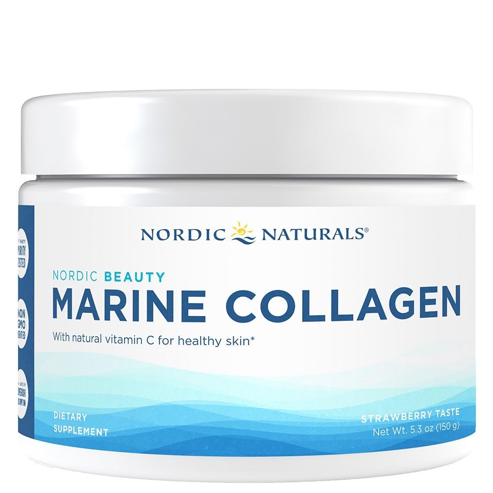 Nordic Naturals Nordic Beauty Marine Collagen Powder, Strawberry - 5.29 Ounces - Collagen Powder Supplement for Healthy Skin, Joints, and Bones, Vitamin C for Antioxidant Support - 30 Servings - Maple Wellness Supplements