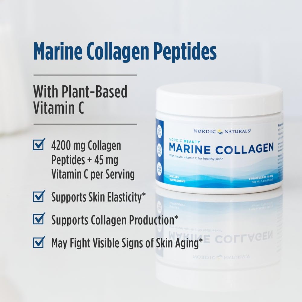 Nordic Naturals Nordic Beauty Marine Collagen Powder, Strawberry - 5.29 Ounces - Collagen Powder Supplement for Healthy Skin, Joints, and Bones, Vitamin C for Antioxidant Support - 30 Servings - Maple Wellness Supplements