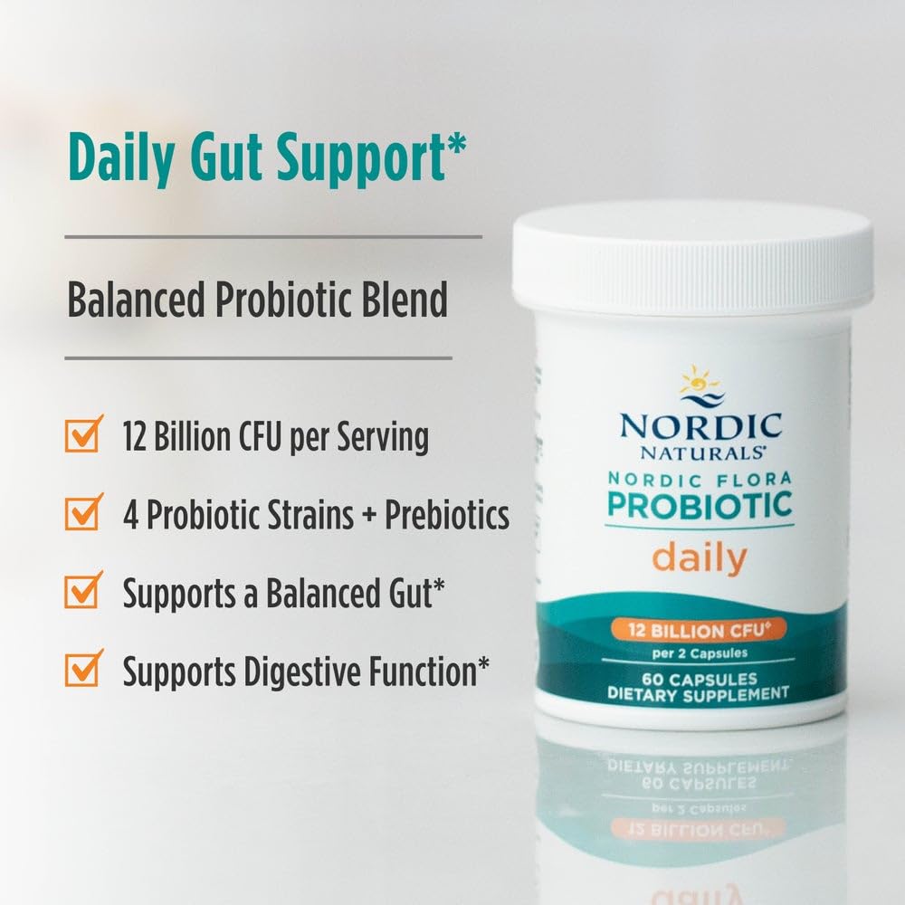 Nordic Naturals Nordic Flora Probiotic Daily - 60 Capsules - 4 Probiotic Strains with 12 Billion Cultures - Optimal Wellness, Immune Support, Digestive Health - Non-GMO, Vegan - 30 Servings - TrustMedUSA