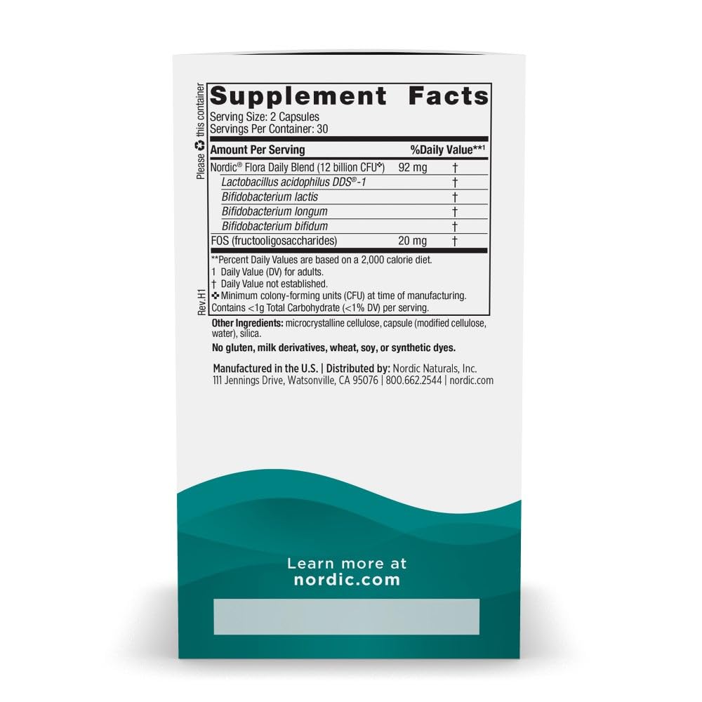 Nordic Naturals Nordic Flora Probiotic Daily - 60 Capsules - 4 Probiotic Strains with 12 Billion Cultures - Optimal Wellness, Immune Support, Digestive Health - Non-GMO, Vegan - 30 Servings - TrustMedUSA