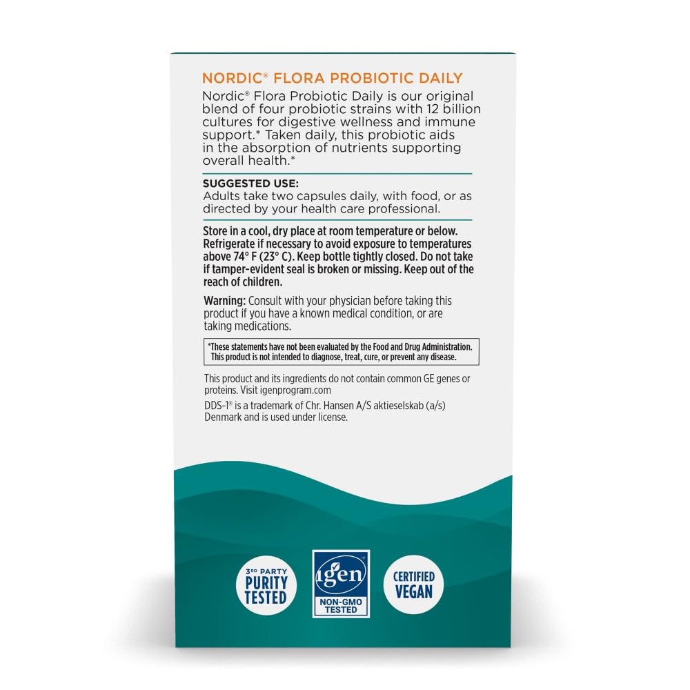 Nordic Naturals Nordic Flora Probiotic Daily - 60 Capsules - 4 Probiotic Strains with 12 Billion Cultures - Optimal Wellness, Immune Support, Digestive Health - Non-GMO, Vegan - 30 Servings - TrustMedUSA